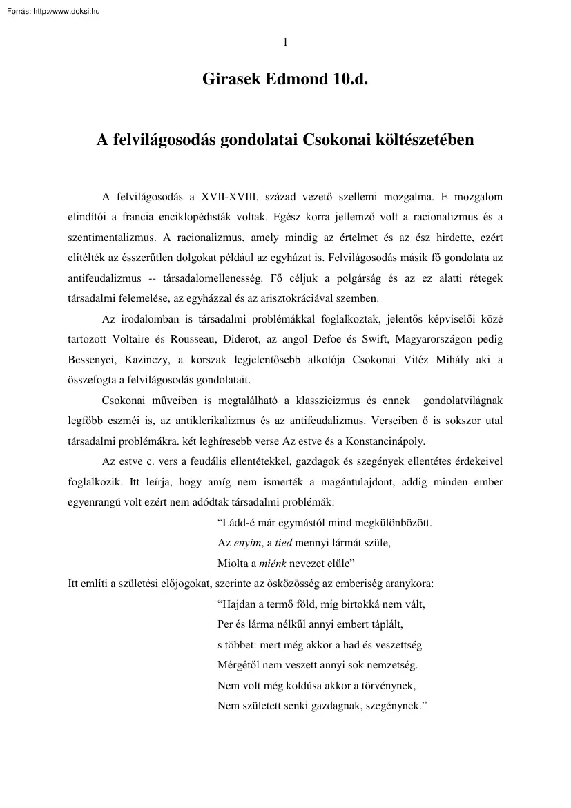 Girasek Edmond - A felvilágosodás gondolatai Csokonai költészetében