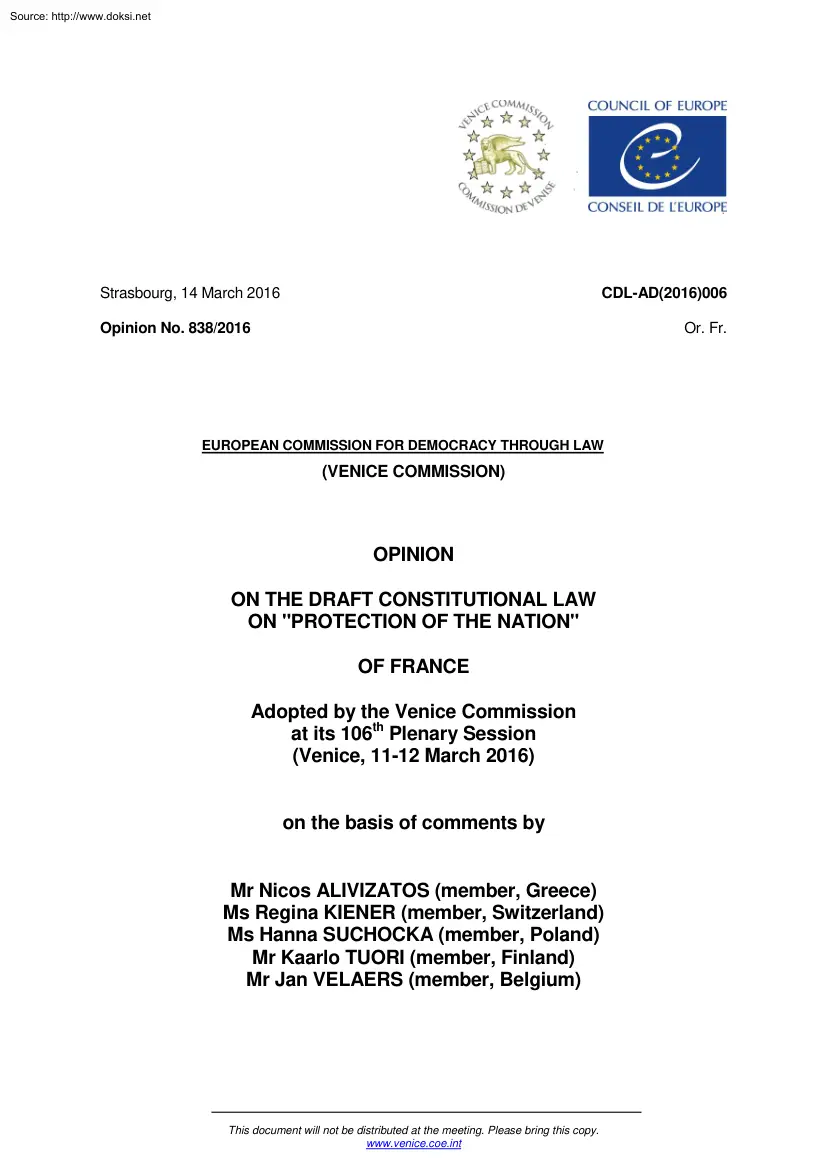 Alivizatos-Kiener-Suchocka - Opinion on the Draft Constitutional Law on Protection of the Nation