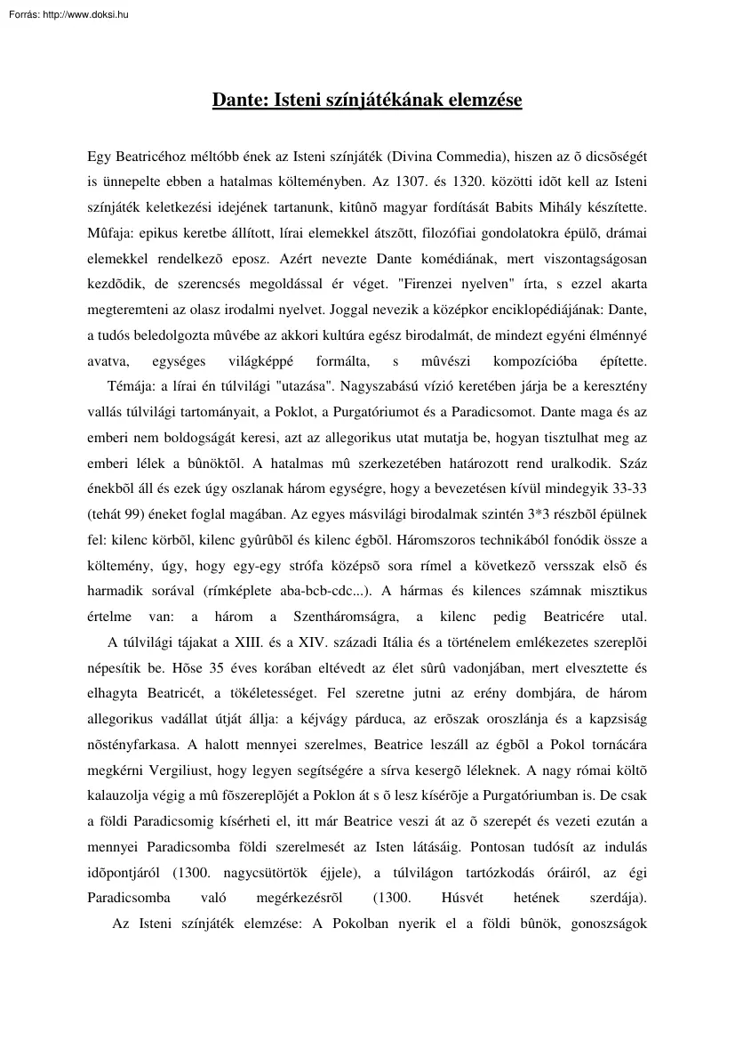 Dante Isteni színjáték című művének elemzése