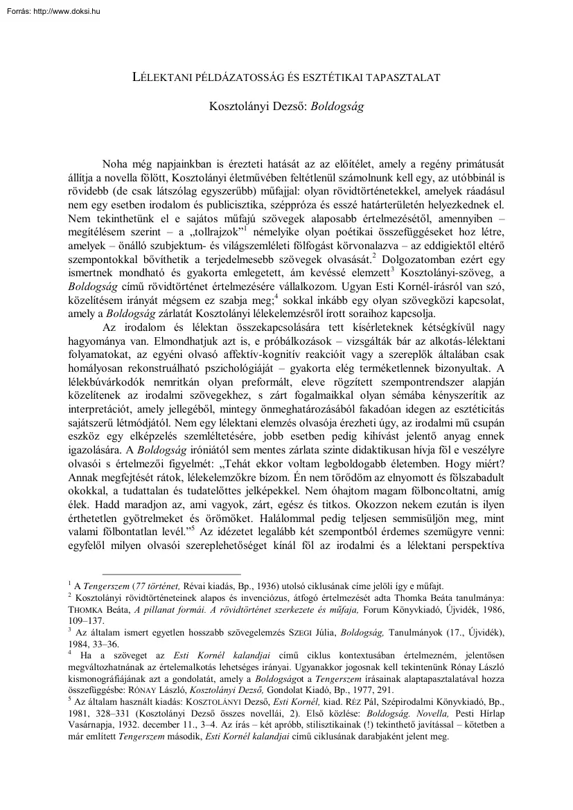 Lélektani példázatosság és esztétikai tapasztalat. Kosztolányi Dezső, Boldogság