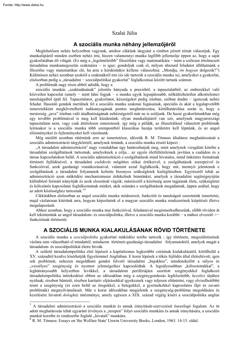 Szalai Júlia - A szociális munka néhány jellemzőjéről