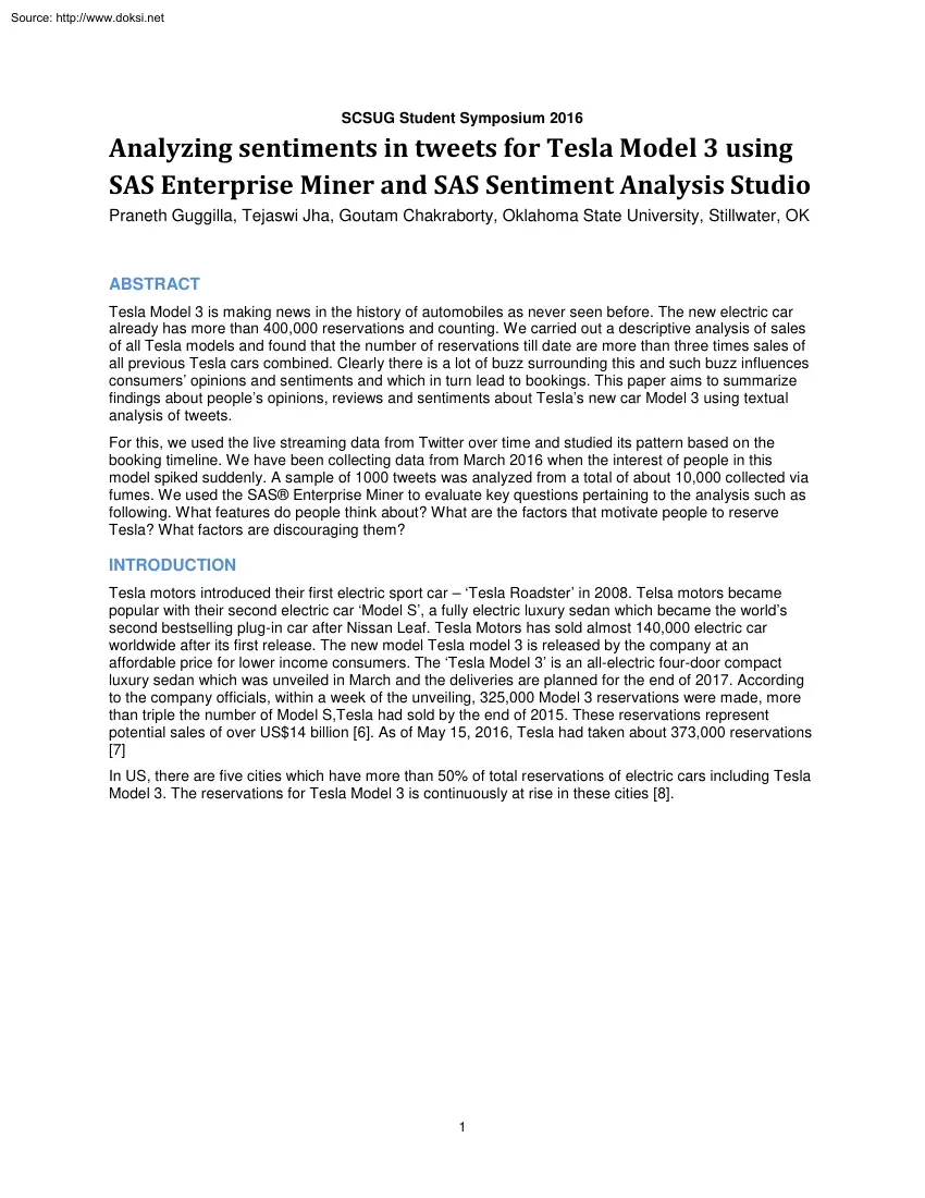 Analyzing Sentiments in Tweets for Tesla Model 3 Using SAS Enterprise Miner and SAS Sentiment