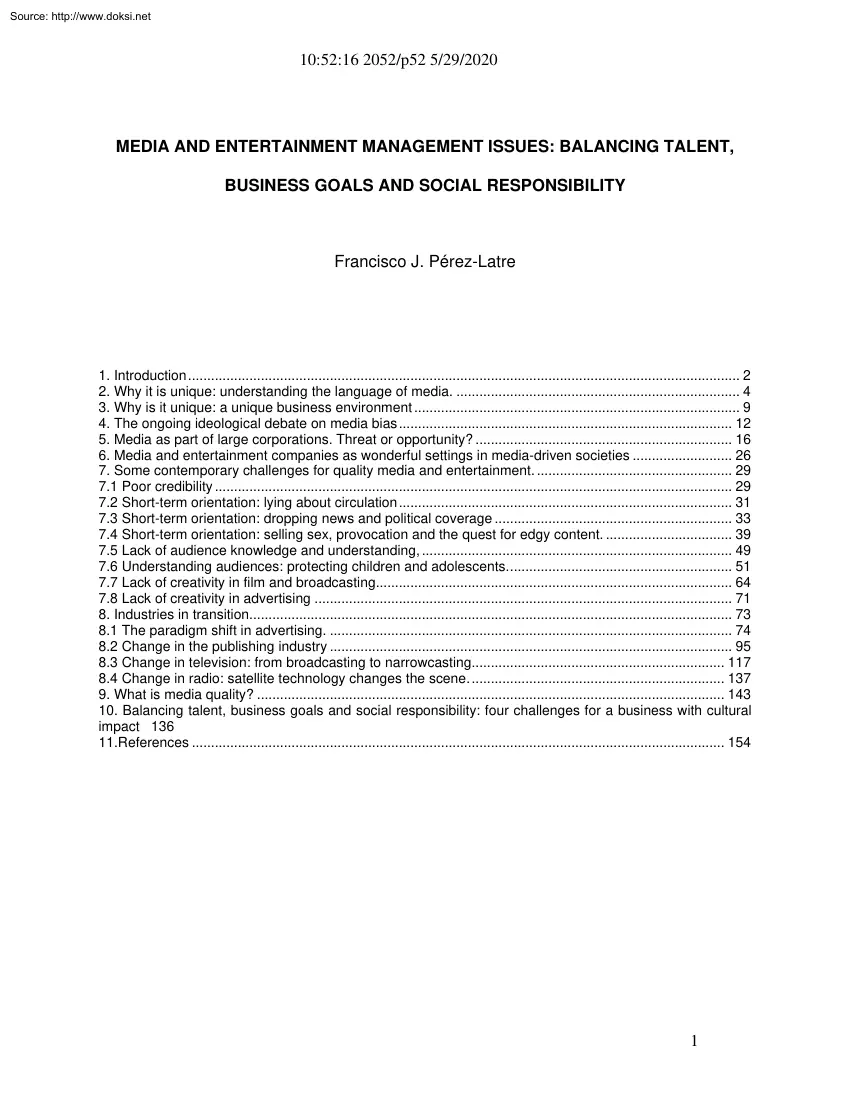 Francisco J. Pérez Latre - Media and Entertainment Management Issues, Balancing Talent, Business