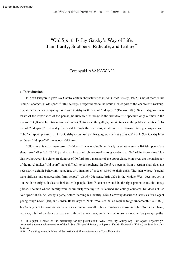 Tomoyuki Asakawa - Old Sport Is Jay Gatsbys Way of Life, Familiarity, Snobbery, Ridicule, and