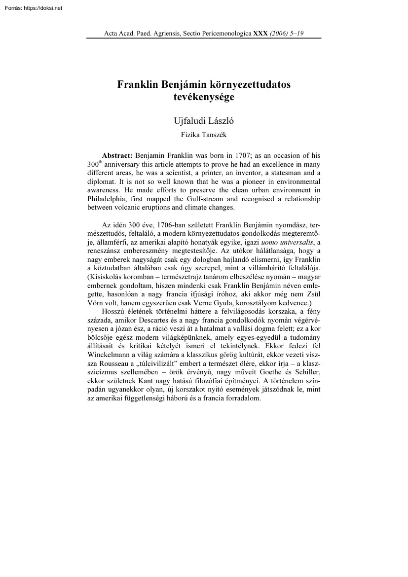Ujfaludi László - Franklin Benjámin környezettudatos tevékenysége