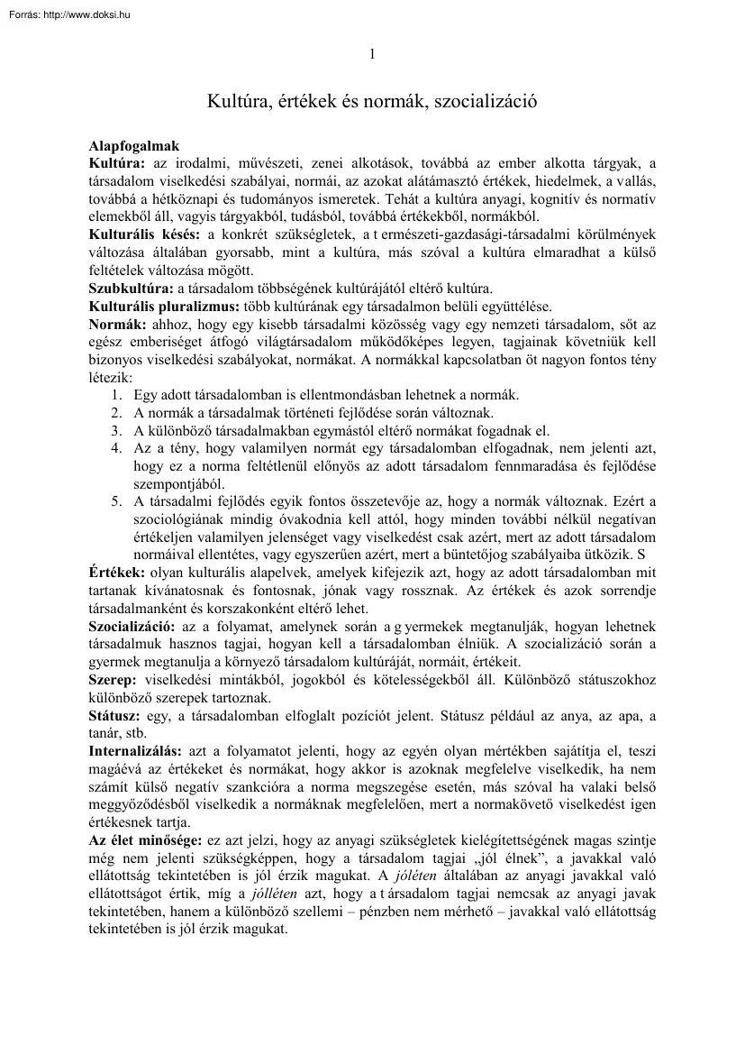Kultúra, értékek és normák, szocializáció