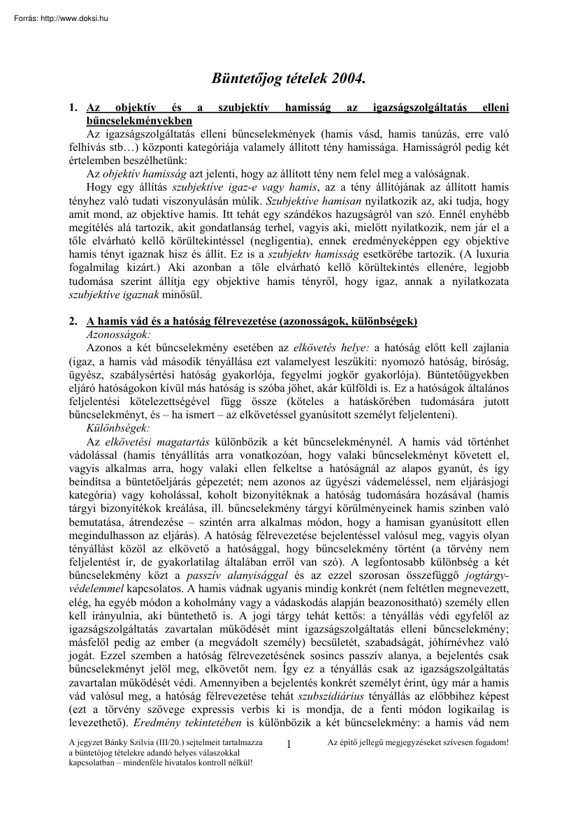 Bánky Szilvia - Büntetőjog tételek