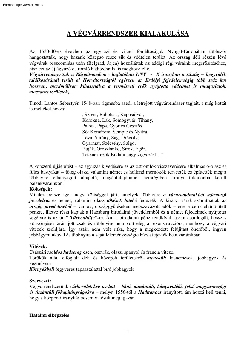 A végvárrendszer kialakulása