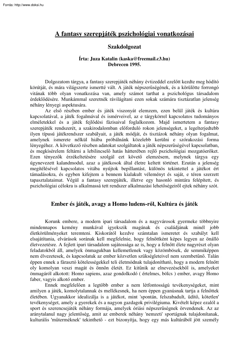 Juza Katalin - A fantasy szerepjáték pszichológiai vonatkozásai