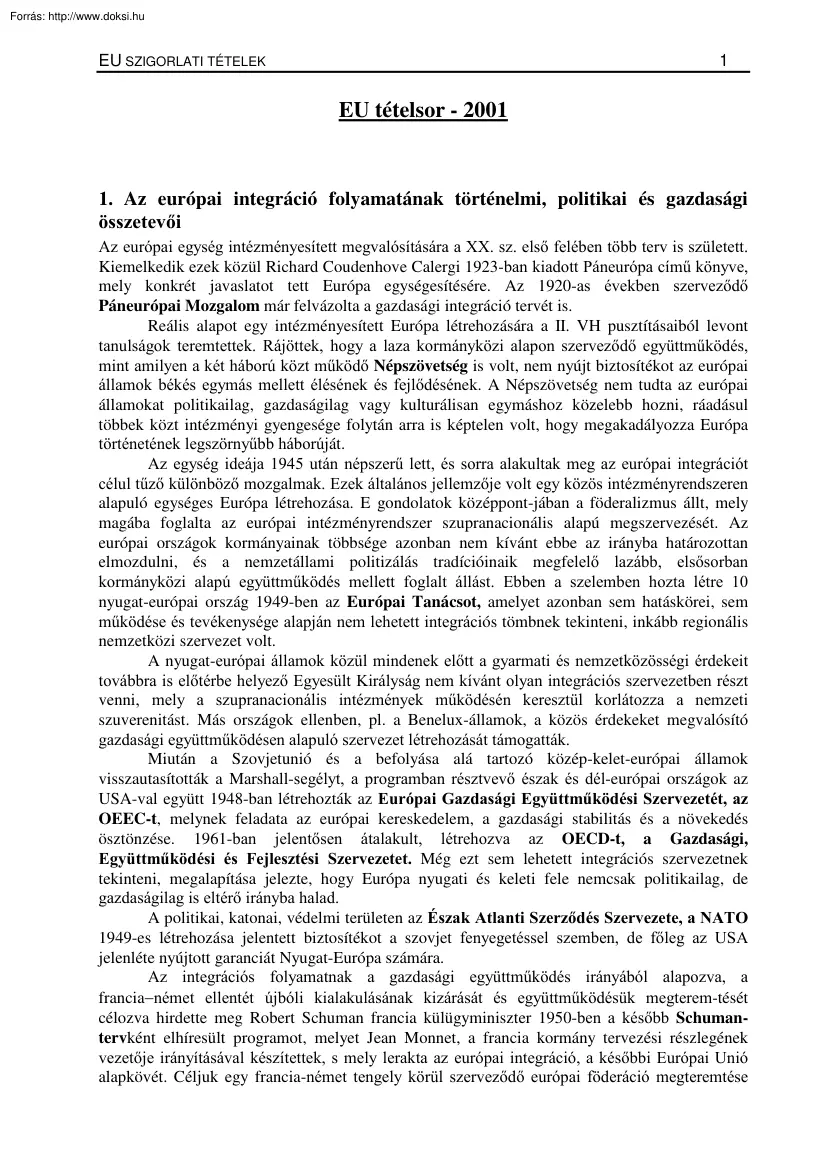 Európai Unió szigorlati tételsor, 2001