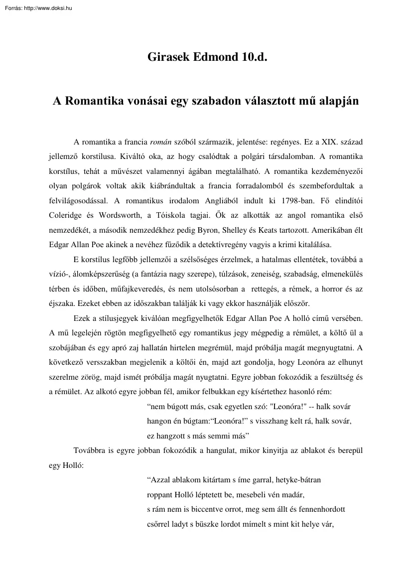 Girasek Edmond - A Romantika vonásai egy szabadon választott mű alapján