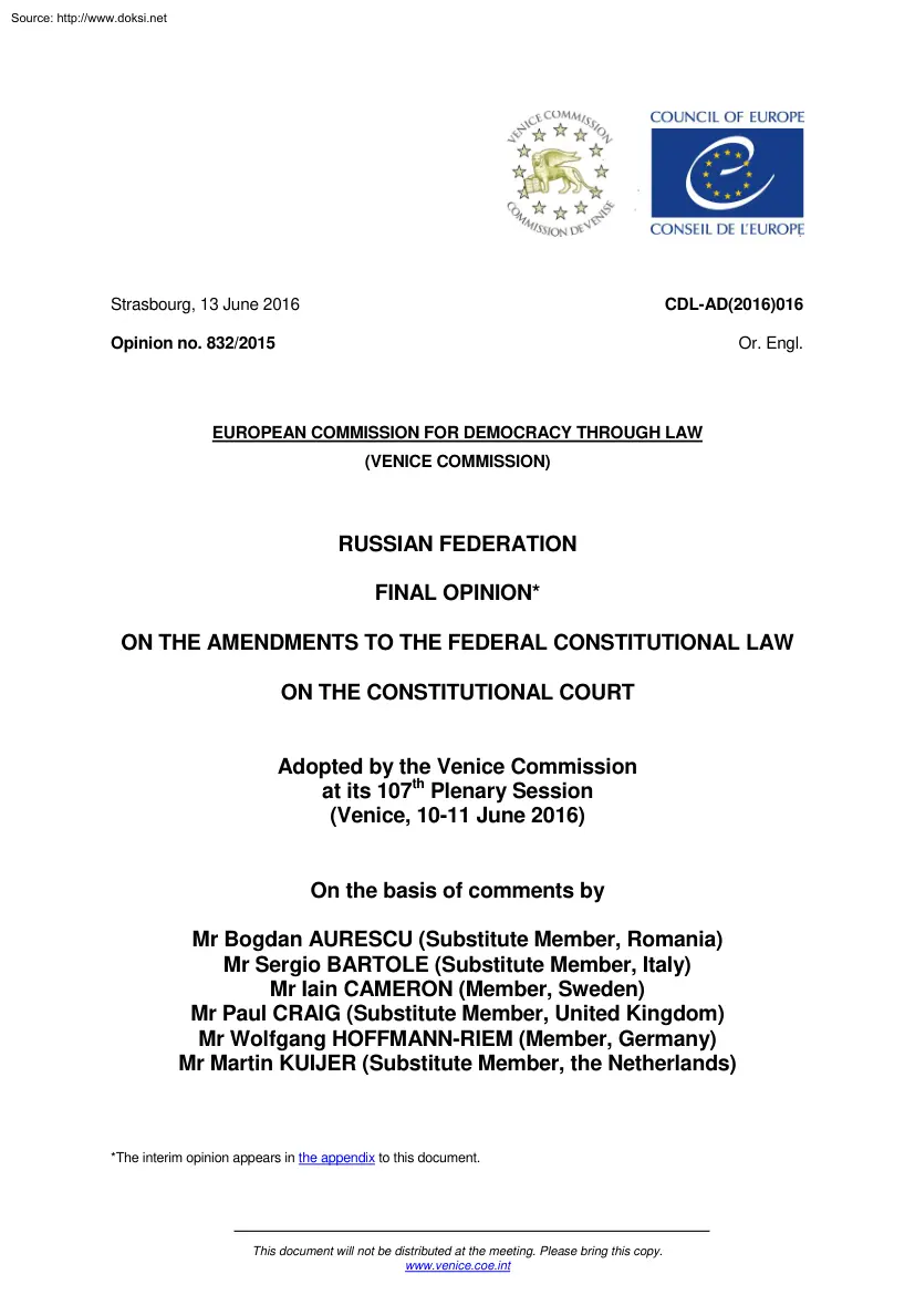 Final Opinion on the Amendments to the Federal Constitutional law on the Constitutional Court