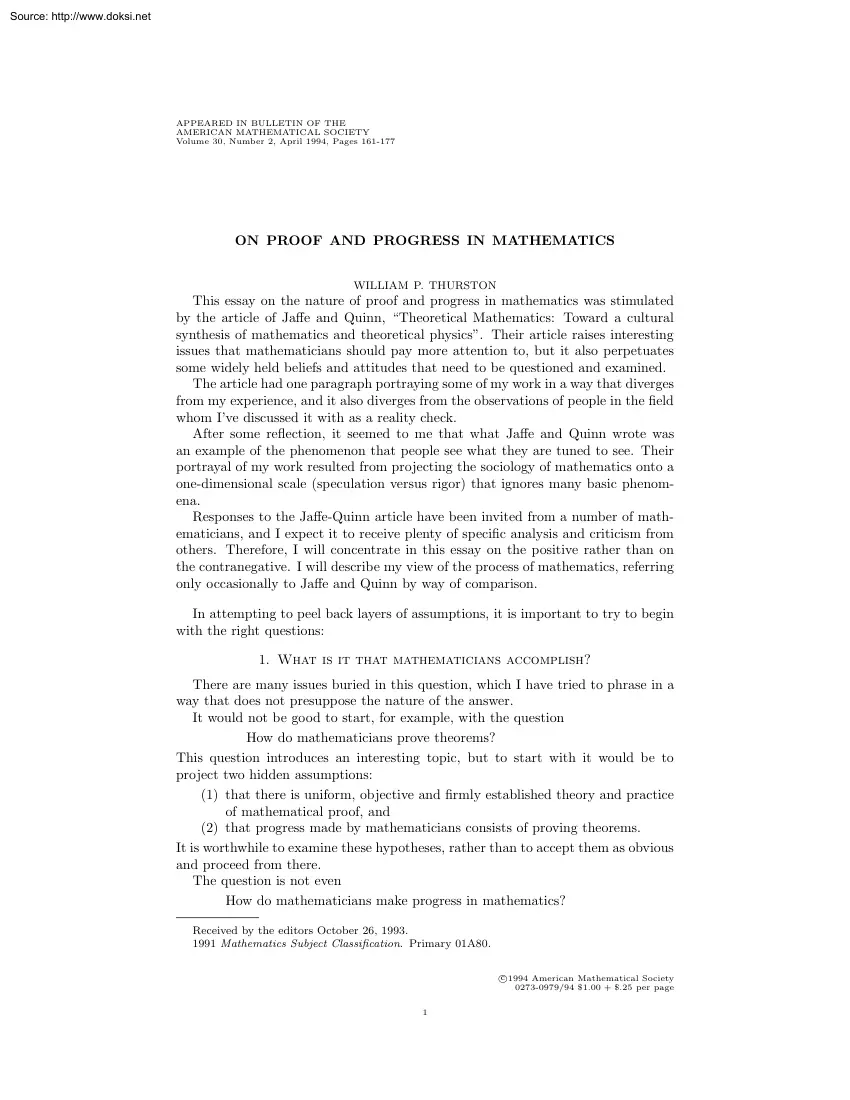 William P. Thurston - On Proof and Progress in Mathematics