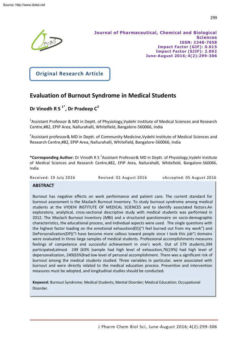Vinodh-Pradeep - Evaluation of Burnout Syndrome in Medical Students
