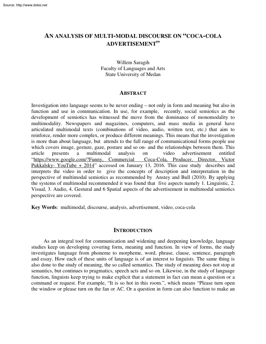 Willem Saragih - An Analysis of Multi Modal Discourse on Coca Cola Advertisement