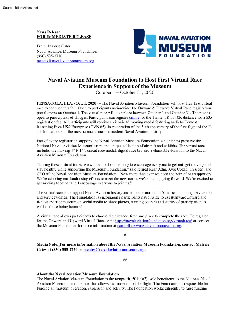 Naval Aviation Museum Foundation to Host First Virtual Race Experience in Support of the Museum