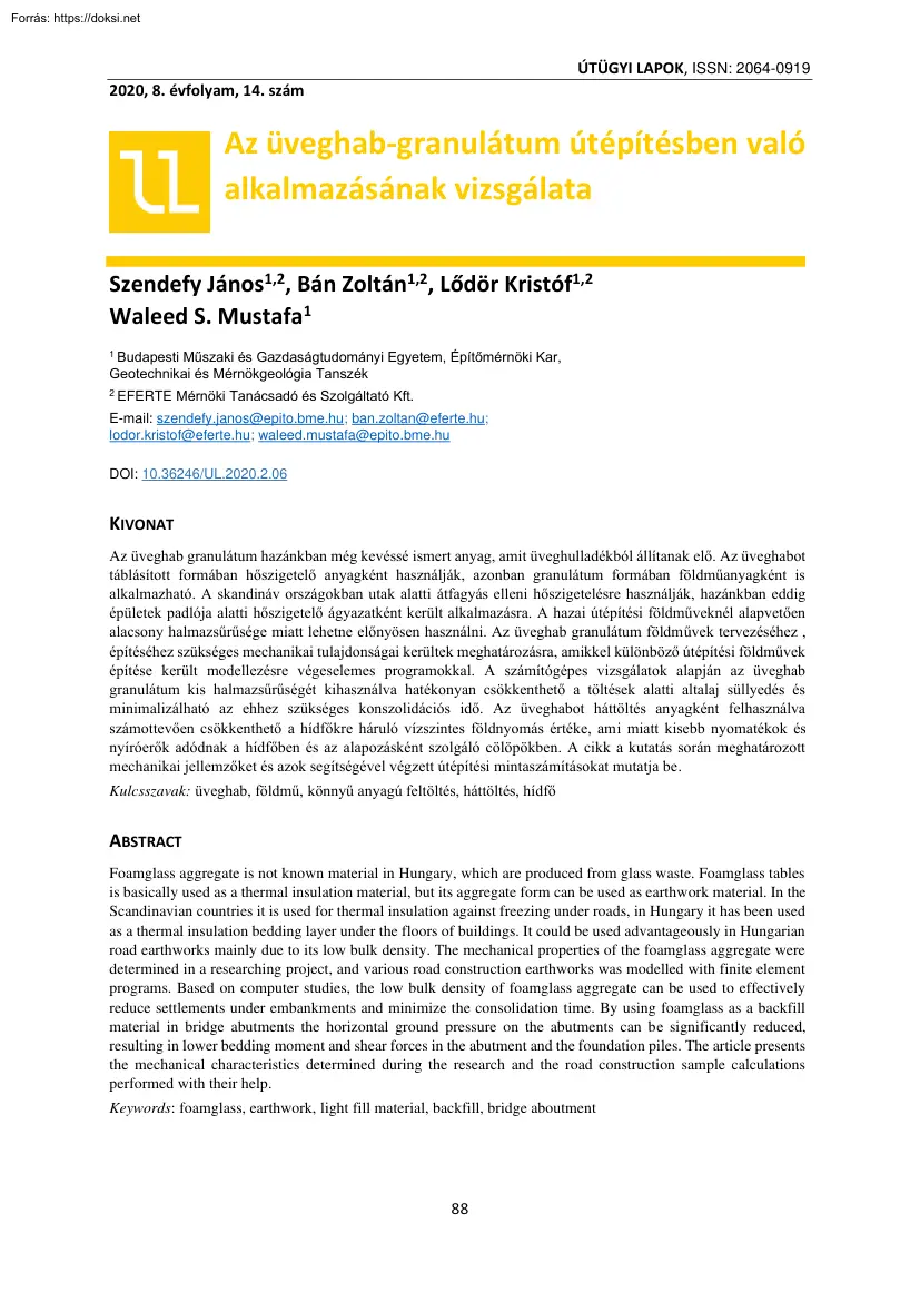 Az üveghab-granulátum útépítésben való alkalmazásának vizsgálata