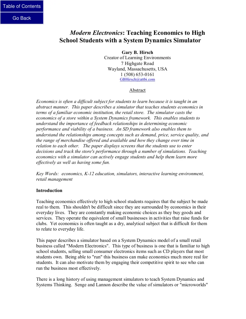 Gary B. Hirsch - Modern Electronics, Teaching Economics to High School Students with a System
