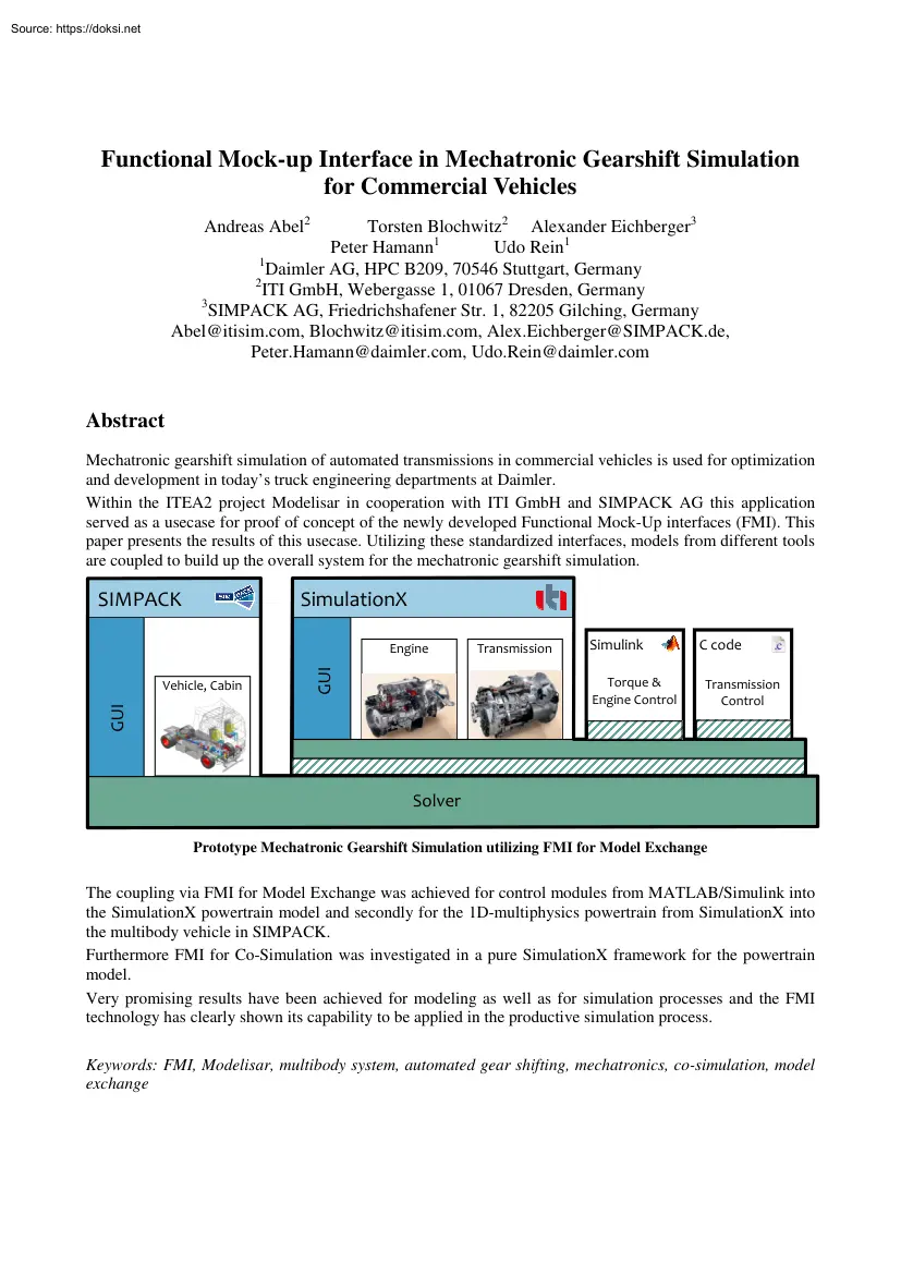 Abel-Blochwitz-Eichberger - Functional Mock-up Interface in Mechatronic Gearshift Simulation for