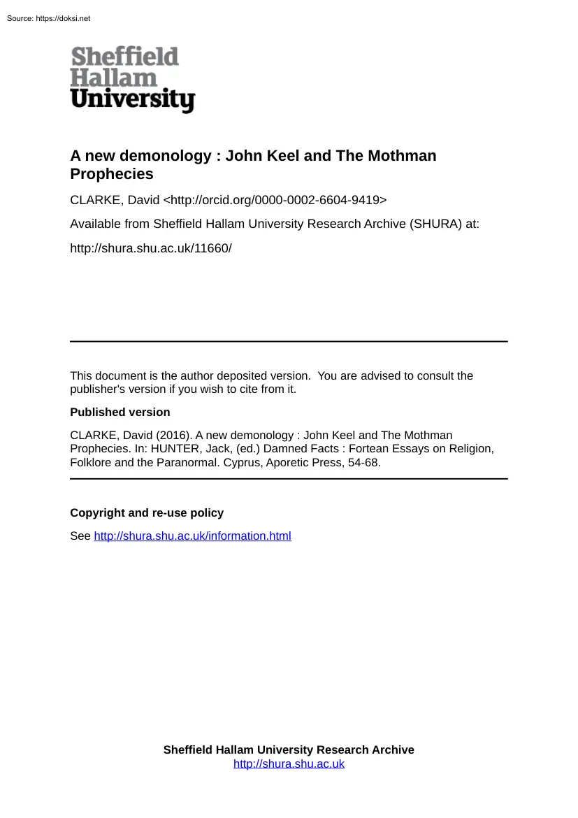 David Clarke - A new demonology, John Keel and The Mothman Prophecies