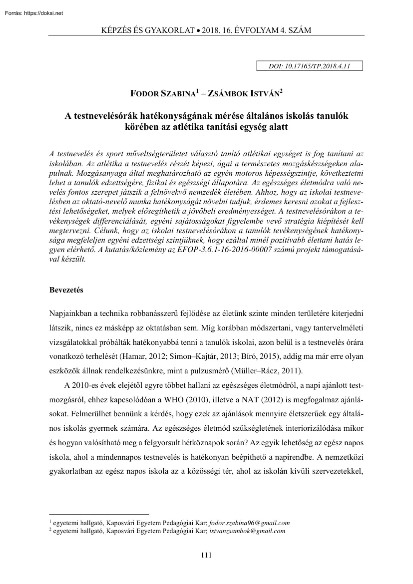 Fodor-Zsámbok - A testnevelésórák hatékonyságának mérése általános iskolás tanulók