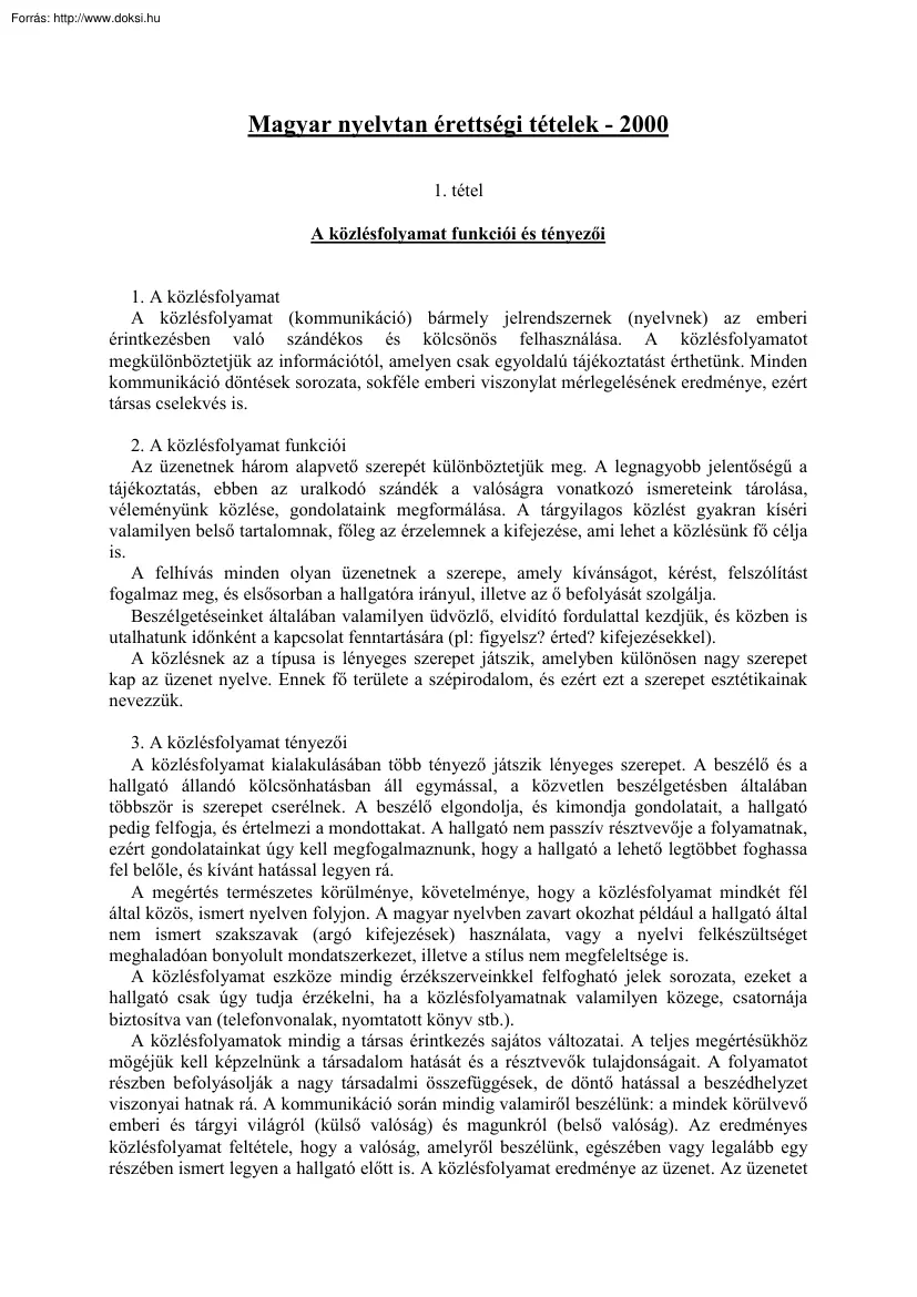 Magyar nyelvtan érettségi tételek, 2000