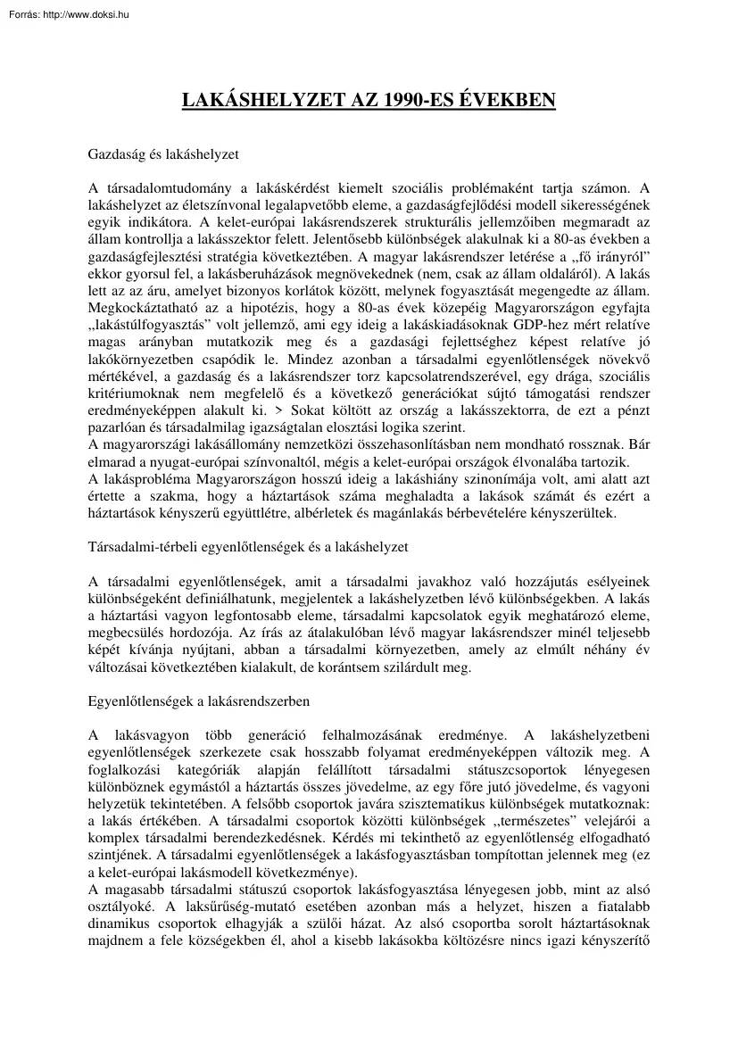 Lakáshelyzet az 1990-es években Magyarországon