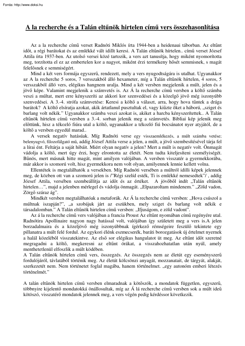 A la recherche és a Talán eltűnök hirtelen című vers összehasonlítása