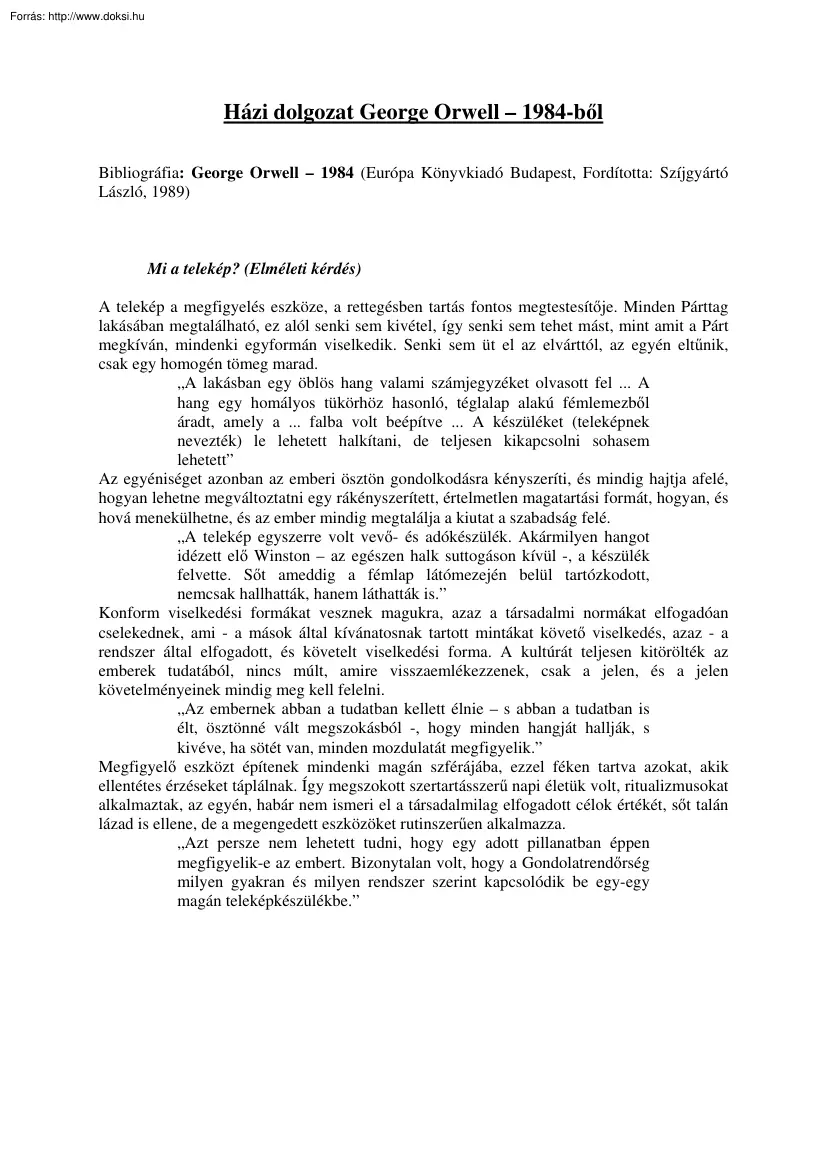 Házi dolgozat George Orwell 1984 c. művéből
