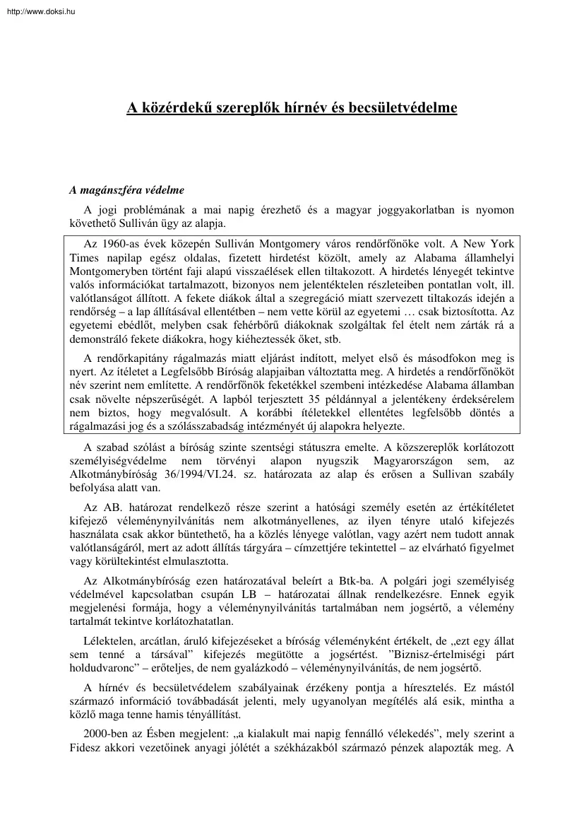 A közérdekű szereplők hírnév és becsületvédelme