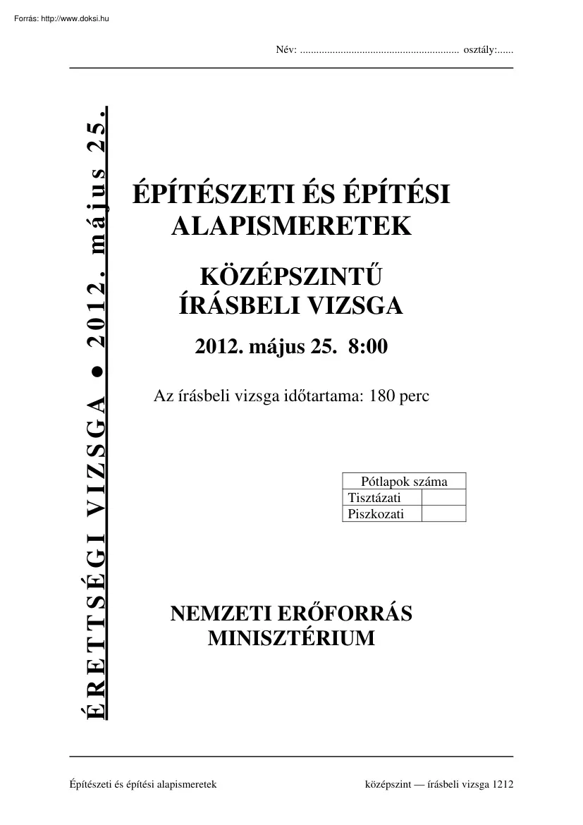 Építészeti és építési alapismeretek középszintű írásbeli érettségi vizsga