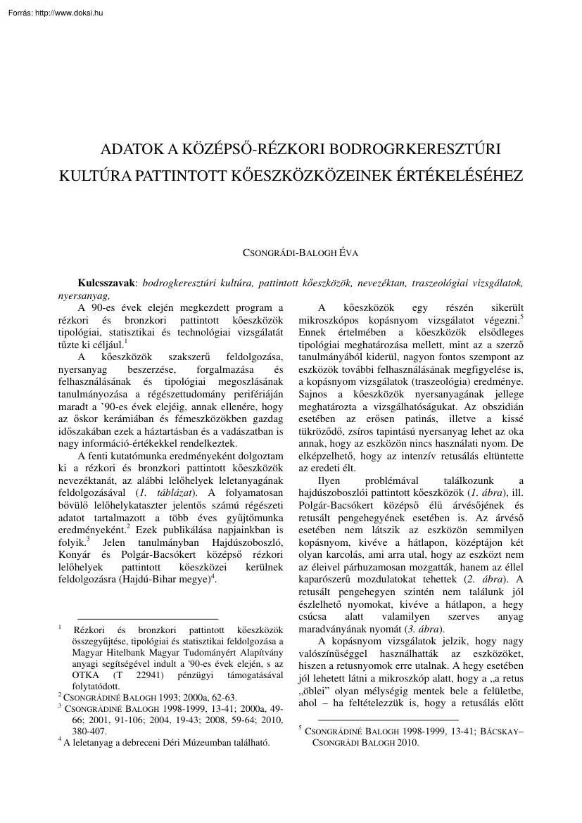 Csongrádi-Balogh Éva - Adatok a középső rézkori bodrogkeresztúri kultúra pattintott
