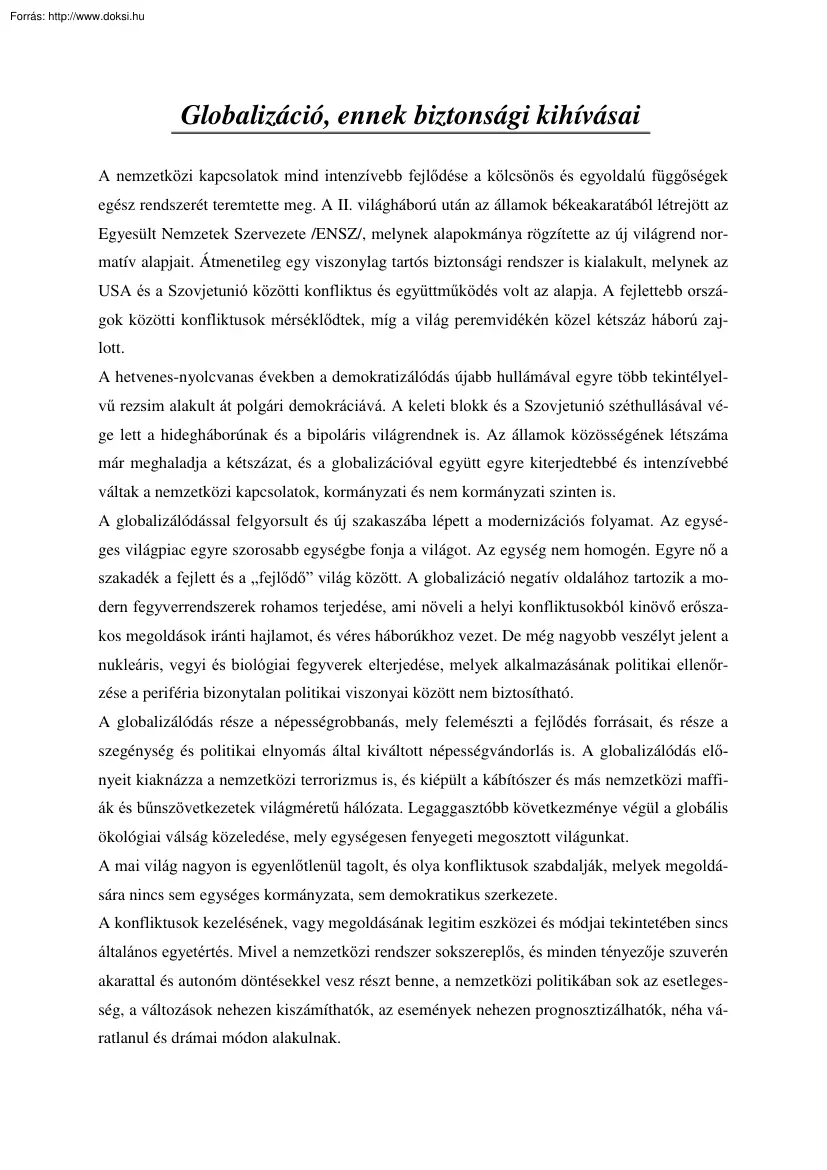 A globalizáció, s ennek biztonsági kihívásai