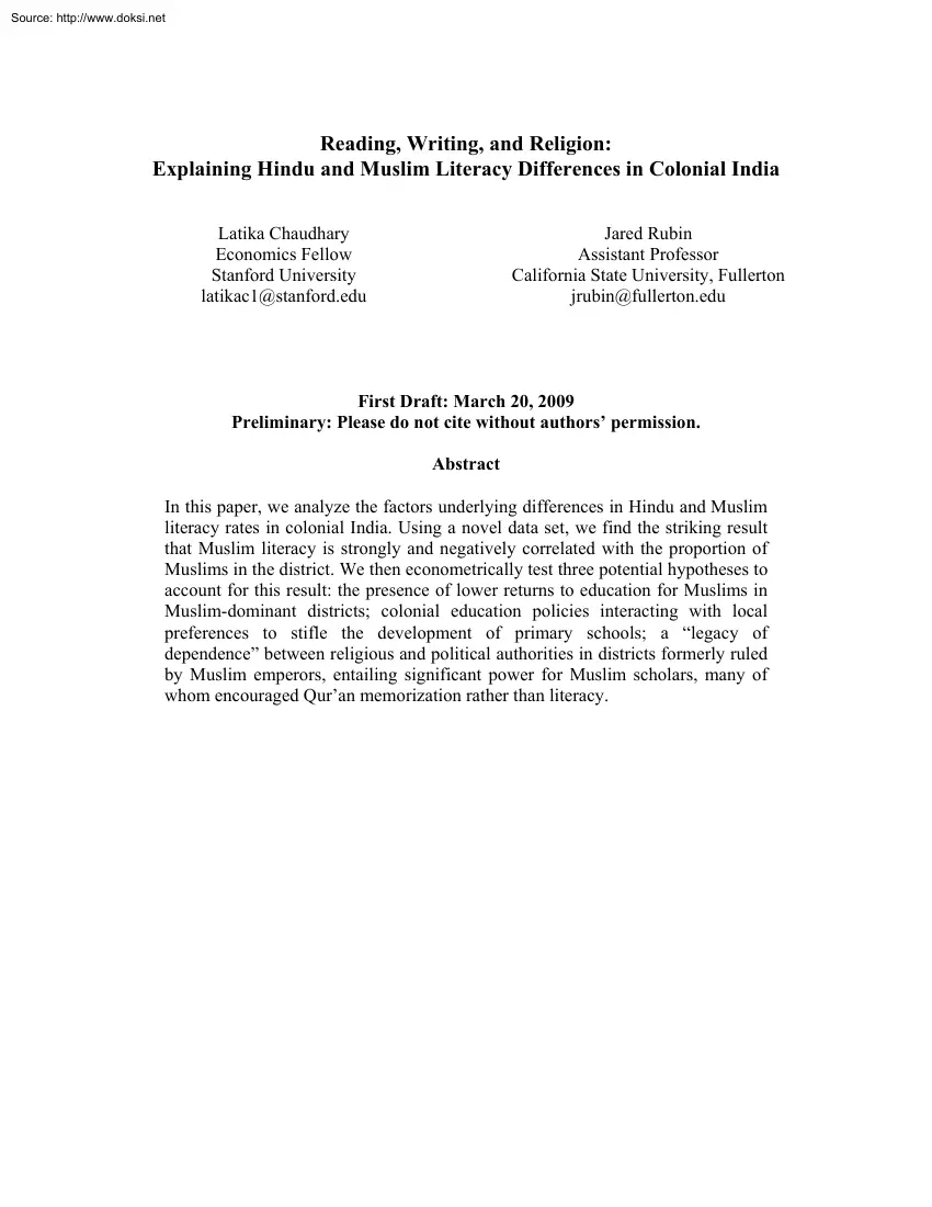 Chaudhary-Rubin - Explaining Hindu and Muslim Literacy Differences in Colonial India