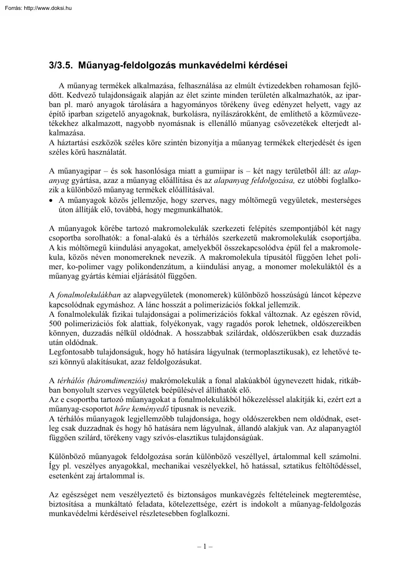 Műanyag-feldolgozás munkavédelmi kérdései