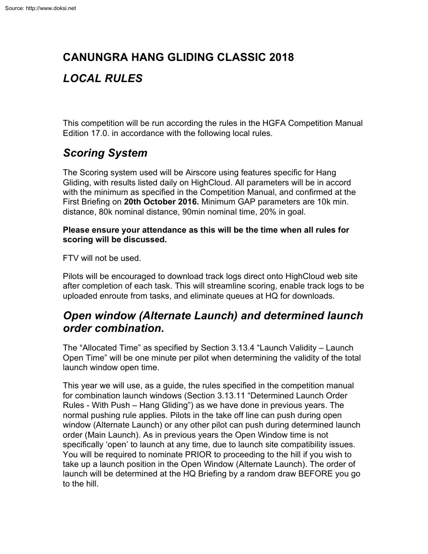 Canungra Hang Gliding Classic 2018, Local Rules