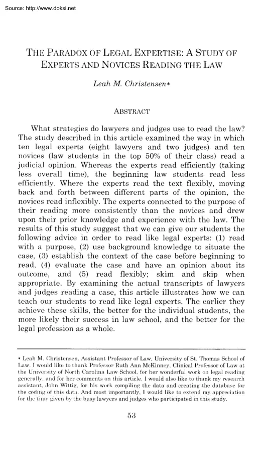 Leah M. Christensen - The Paradox of Legal Expertise, A Study of Experts and Novices Reading the