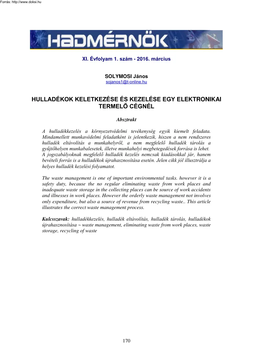 Solymosi János - Hulladékok keletkezése és kezelése egy elektronikai termelő cégnél