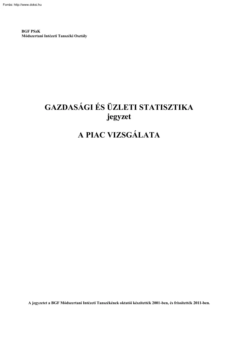 Gazdasági és üzleti statisztika jegyzet, A piac vizsgálata