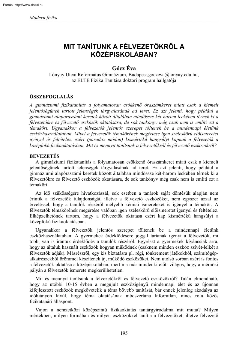 Gócz Éva - Mit tanítunk a félvezetőkről a középiskolásoknak