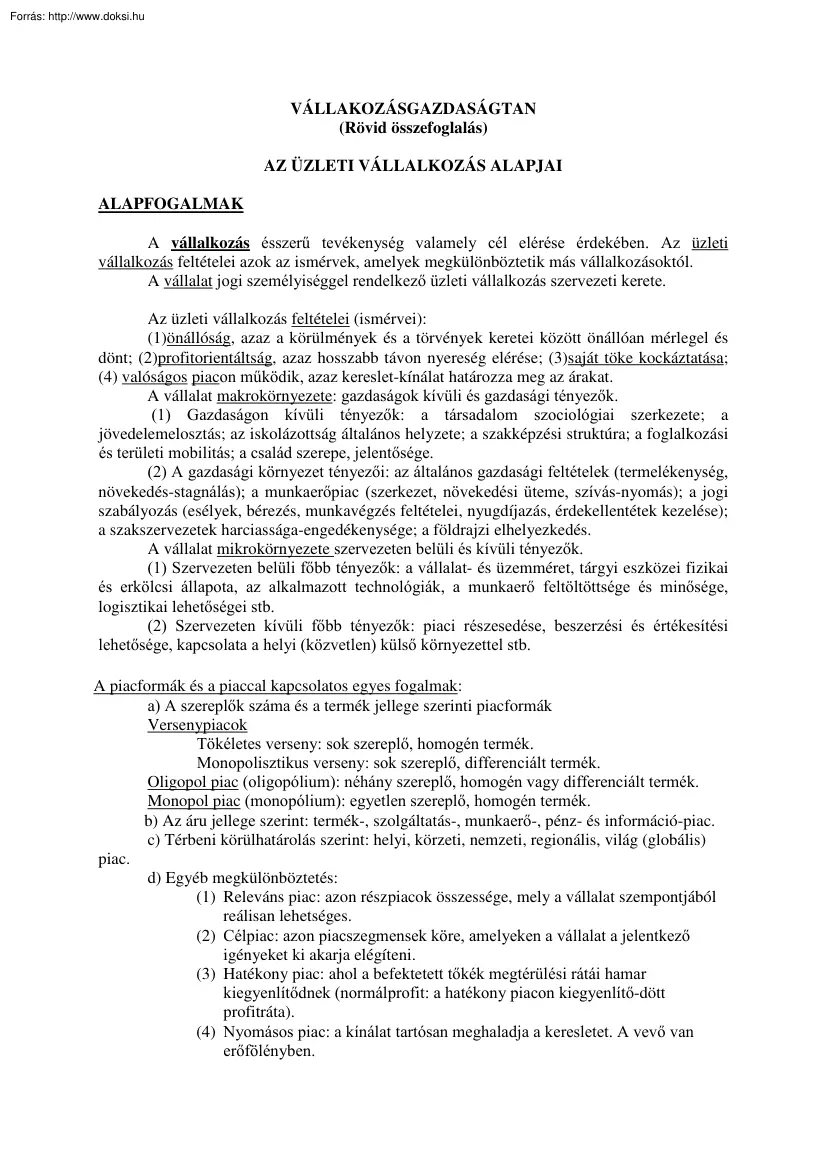Sárközi Ferenc - Vállalkozás-gazdaságtan összefoglaló, Chikán Attila könyve alapján