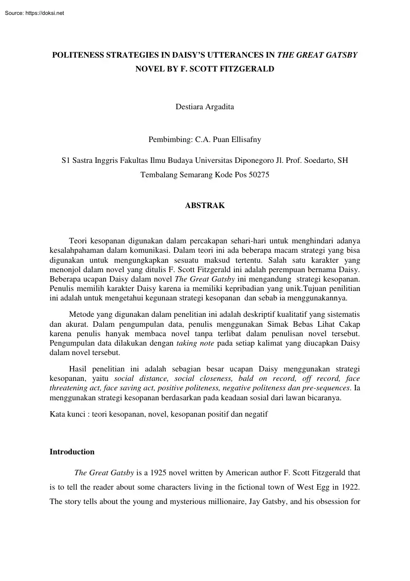Destiara Argadita - Politeness Strategies in Daisys Utterances in The Great Gatsby Novel by F