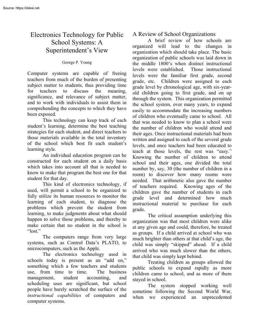 George P. Young - Electronics Technology for Public School Systems, A Superintendents View