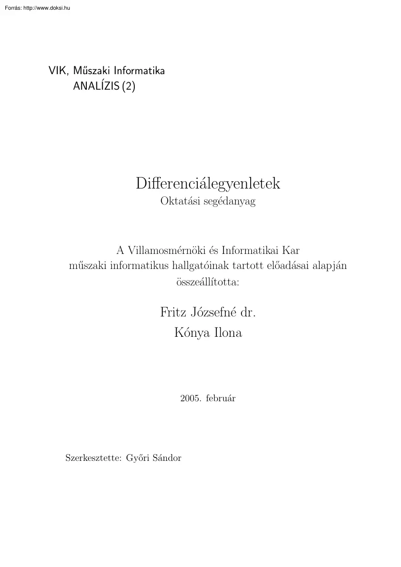Fritz-Kónya - Differenciálegyenletek, oktatási segédanyag