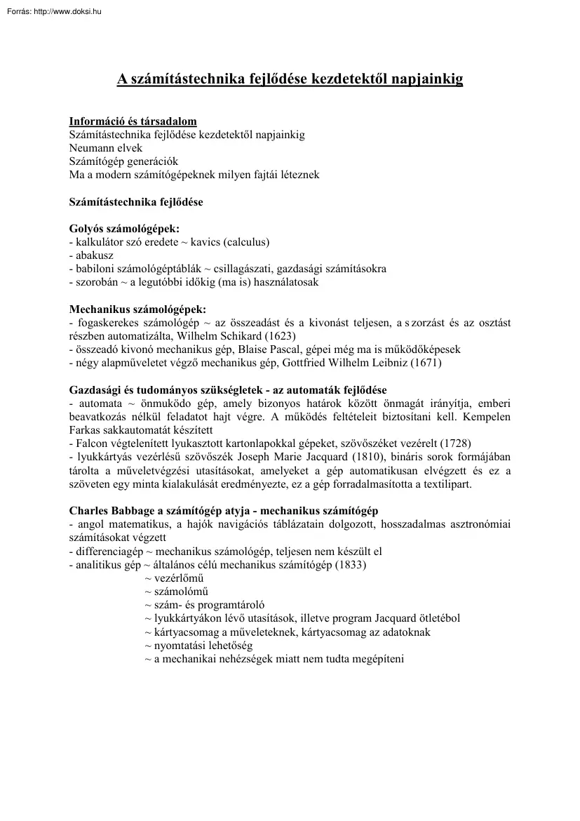 A számítástechnika fejlődése kezdetektől napjainkig