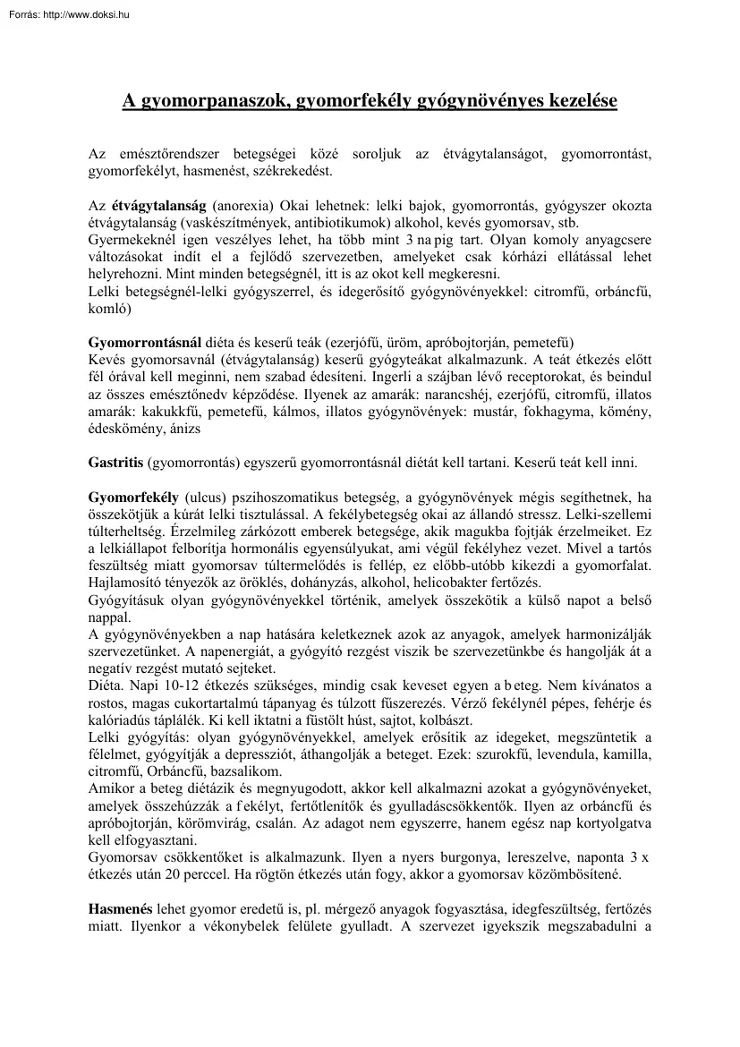 A gyomorpanaszok, gyomorfekély gyógynövényes kezelése