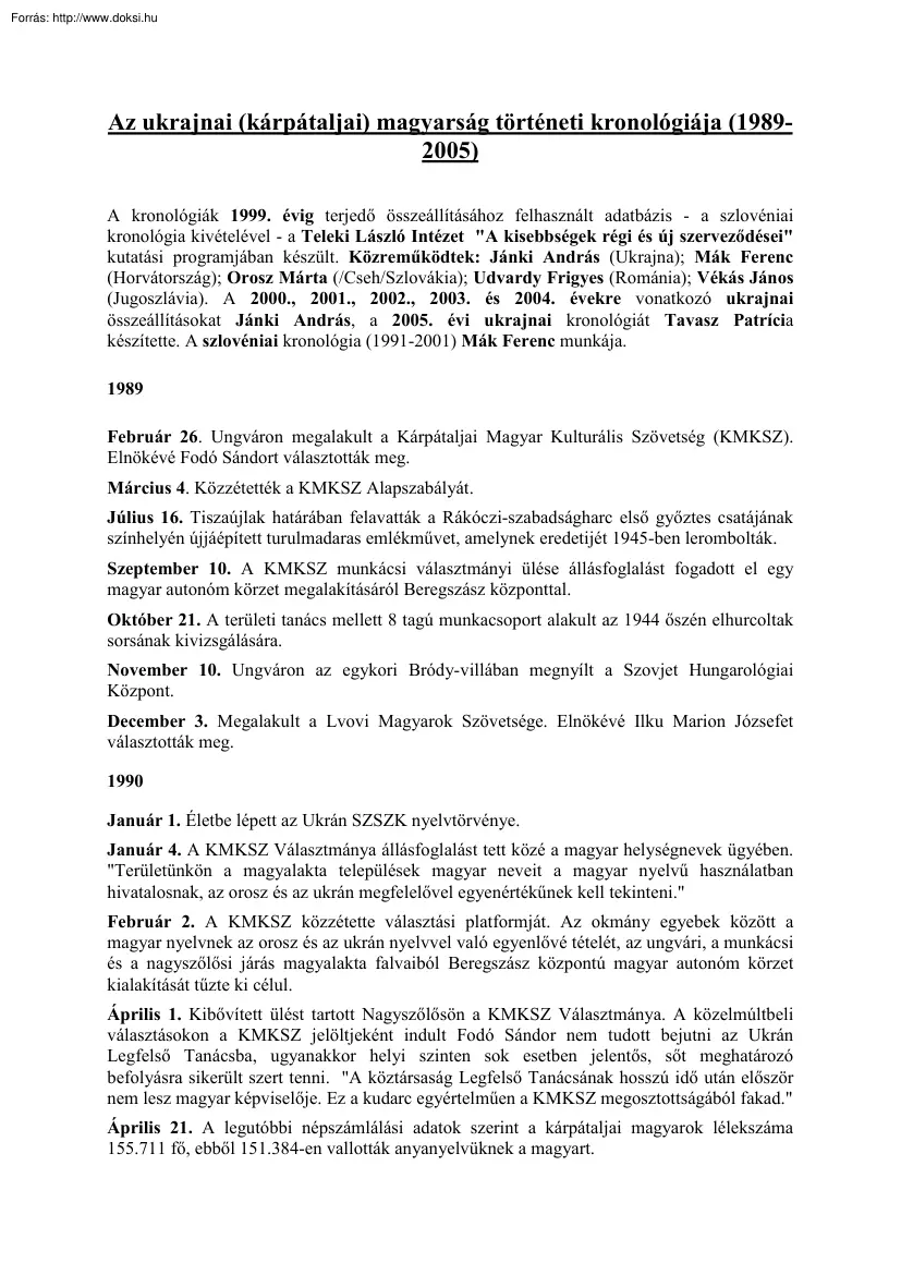 Az ukrajnai (kárpátaljai) magyarság történeti kronológiája (1989-2005)
