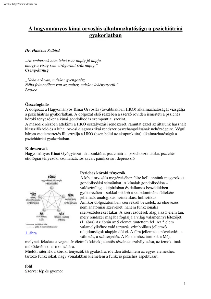 A hagyományos kínai orvoslás alkalmazhatósága a pszichiátriai gyakorlatban