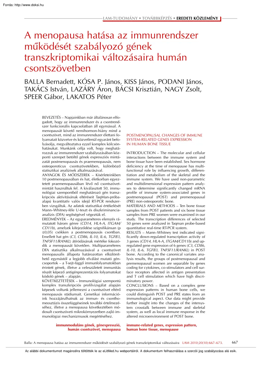 Balla-Kósa-Kiss - A menopausa hatása az immunrendszer működését szabályozó gének