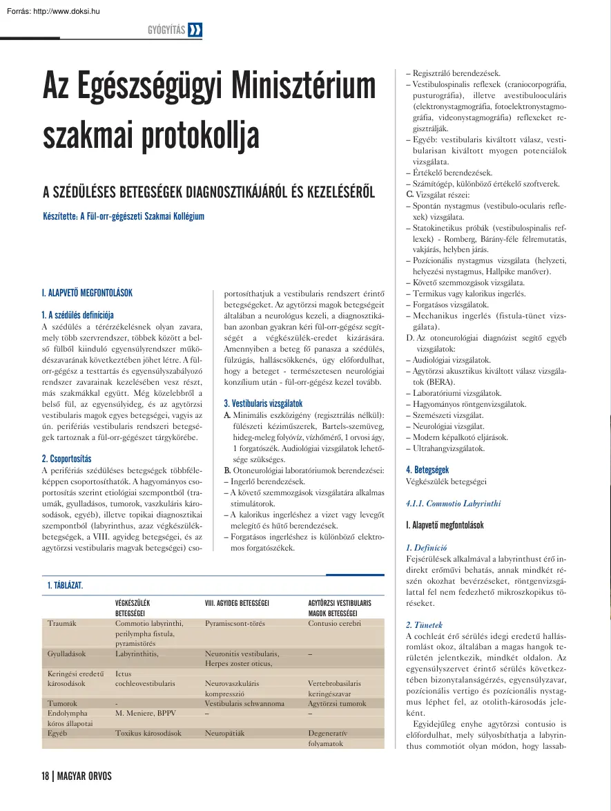 Az Egészségügyi Minisztérium szakmai protokollja, A szédüléses betegségek